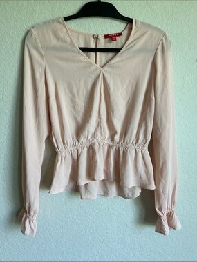 Guess Blush Pink V-Neck Peplum Long Sleeve Blouse